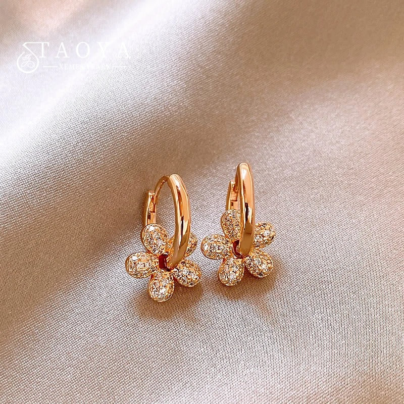 Vintage Gold & Crystal Flower Hoop Earrings