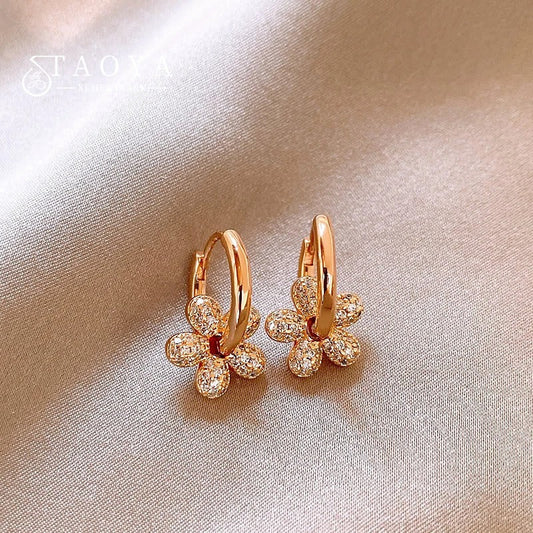 Vintage Gold & Crystal Flower Hoop Earrings