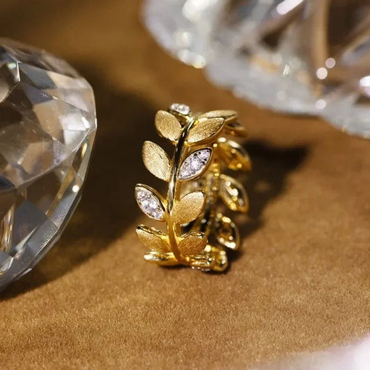 Vintage Gold & Diamond Leaf Crystal Adjustable Ring