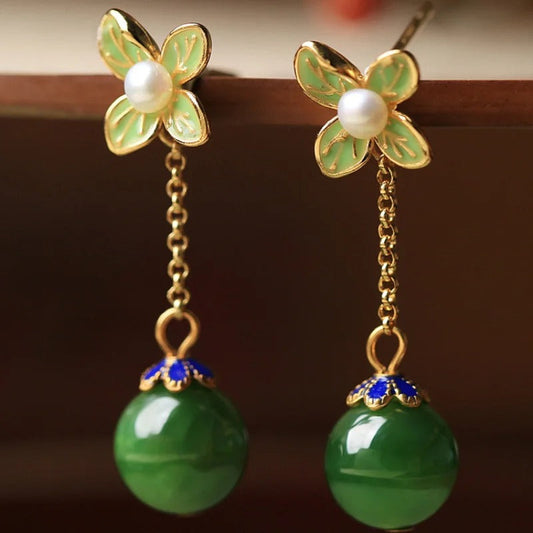 Vintage Gold Pearl Fresh Flower & Green Gemstone Earrings