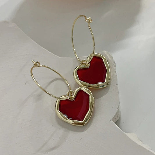Gold Red Heart Circle Dangle Earrings