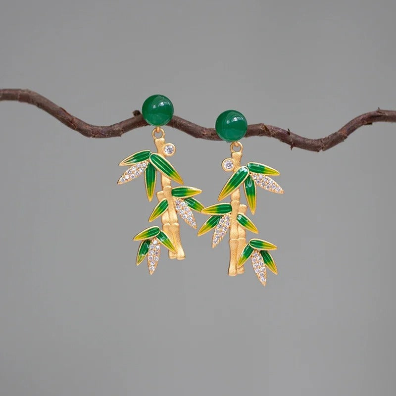 Vintage Gold Jade Green Bamboo Leaf Earrings