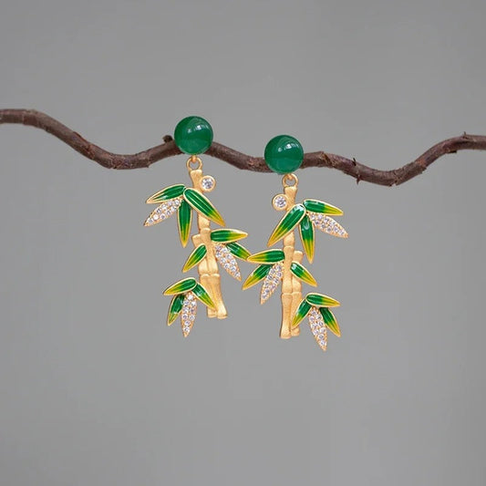 Vintage Gold Jade Green Bamboo Leaf Earrings