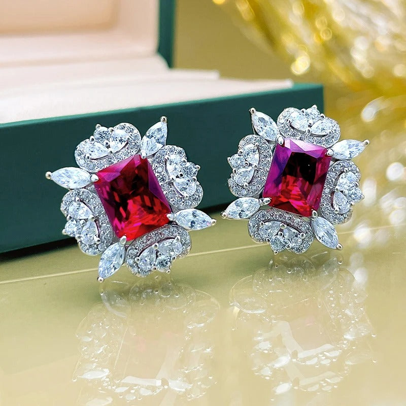 Silver Red Gem Floral Earrings