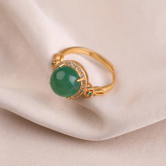 Vintage Gold Green Gemstone & Shiny Crystal Adjustable Ring