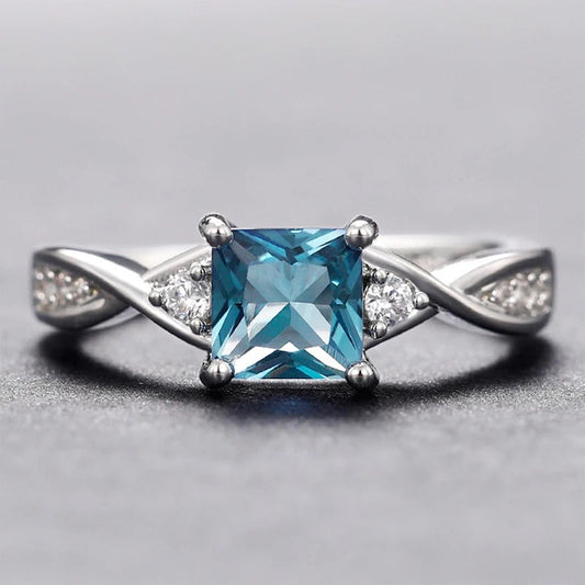 Vintage Blue Princess Cut Silver Ring