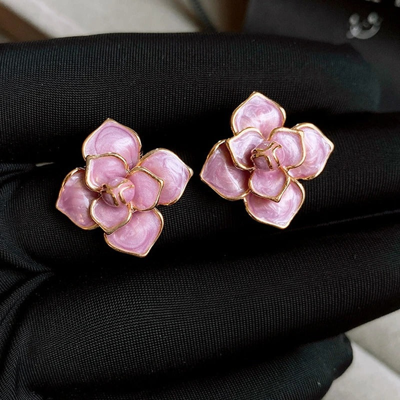 Gold Purple Enamel Flower Stud Earrings
