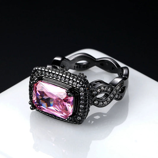 Pink Gemstone & Intricate Black Gold Band Ring