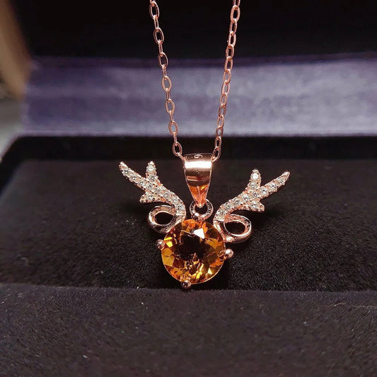 Classic Rose Gold Sparkling Wing & Yellow Gemstone Necklace