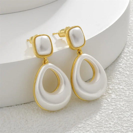 Vintage Gold & White Teardrop Square Stud Earrings