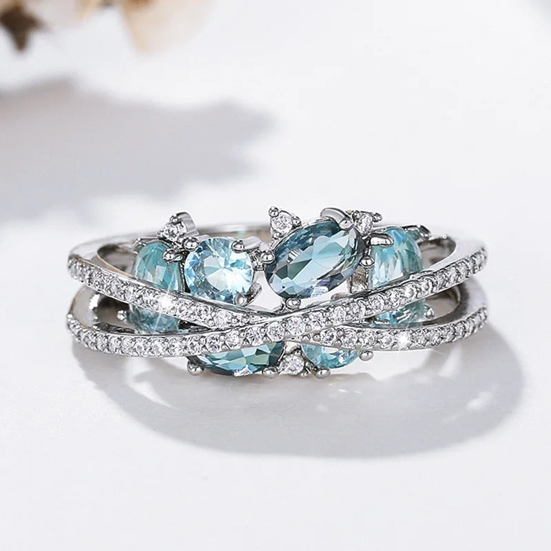 Silver Blue Gemstone Cross Ring