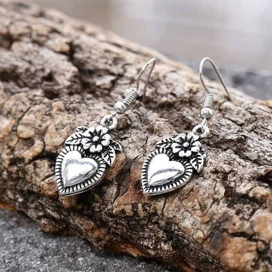 Vintage Silver Floral Heart Earrings