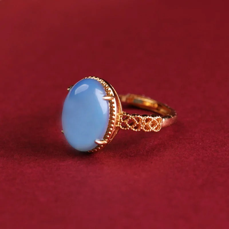 Vintage Gold Light Blue Oval Gemstone Adjustable Ring