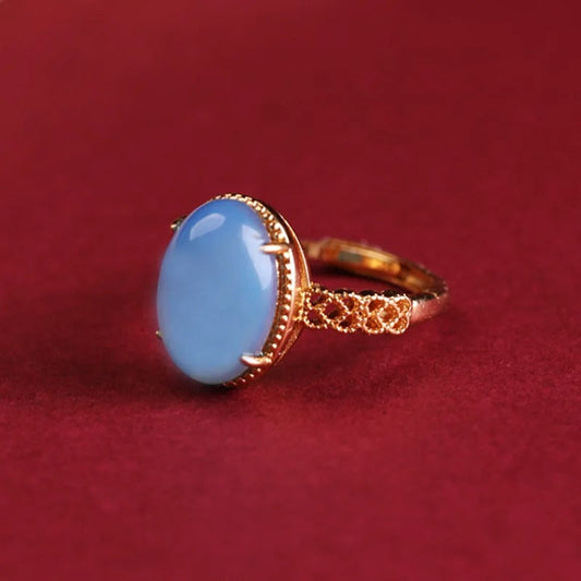 Vintage Gold Light Blue Oval Gemstone Adjustable Ring