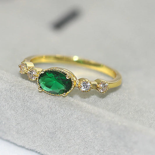 Vintage Gold Green Oval Gemstone & Sparkling Side Ring