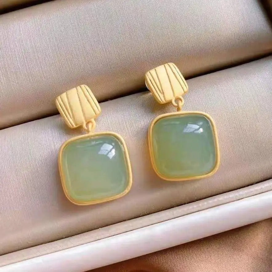 Gold Square Green Gemstone Earrings