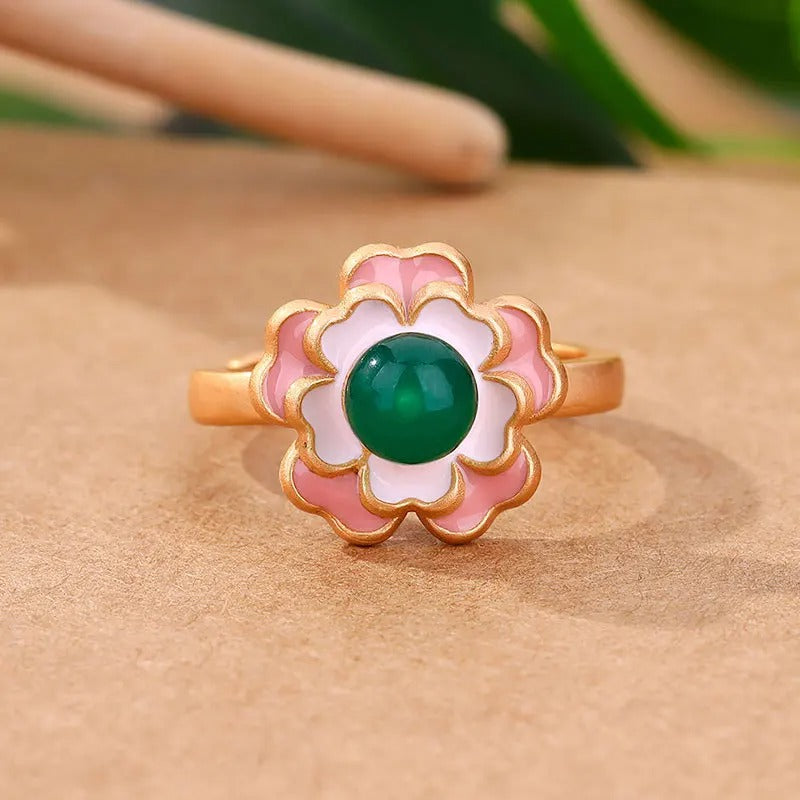 Retro Floral Gold Green Stone & Pink Flower Adjustable Ring