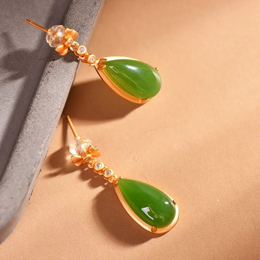 Classic Gold & Green Gemstone Inlaid Bow Crystal Dangle Earrings