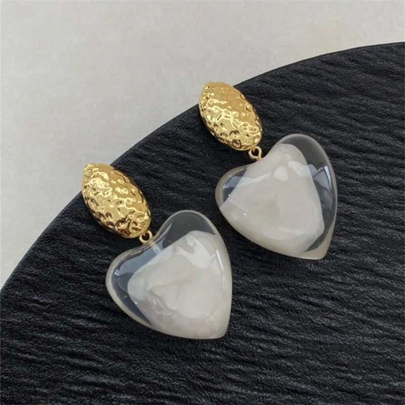 Classic Gold Heart-Cut Clear Resin & Textured Top Earrings