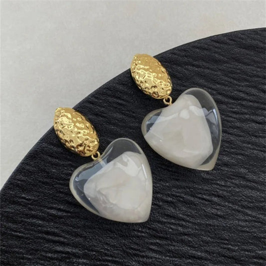Classic Gold Heart-Cut Clear Resin & Textured Top Earrings