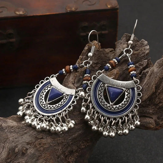 Vintage Blue Tribal Silver Tassel Earrings