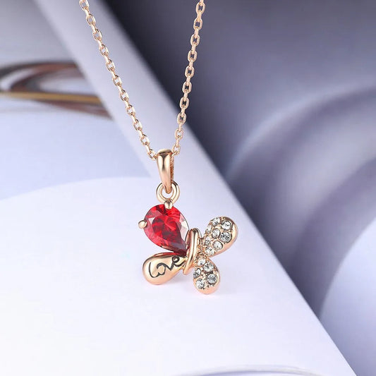 Rose Gold Heart-Shaped Red Gem Butterfly Pendant Necklace