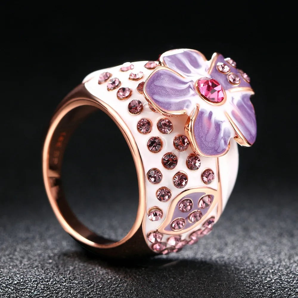 Classic Rose Gold Purple Floral Design & Crystal Ring