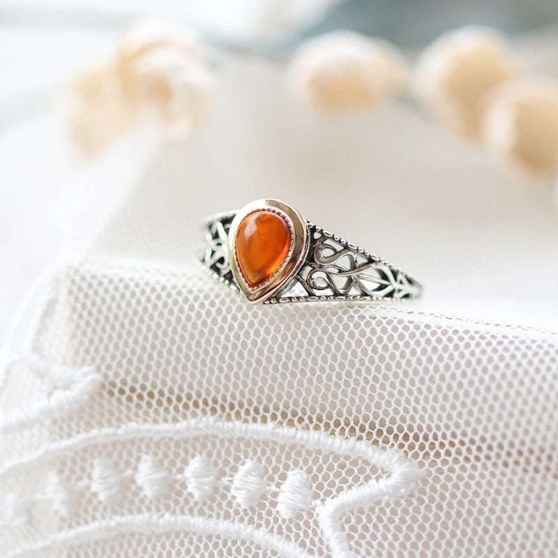 Vintage Silver Carved Flower Teardrop Adjustable Ring