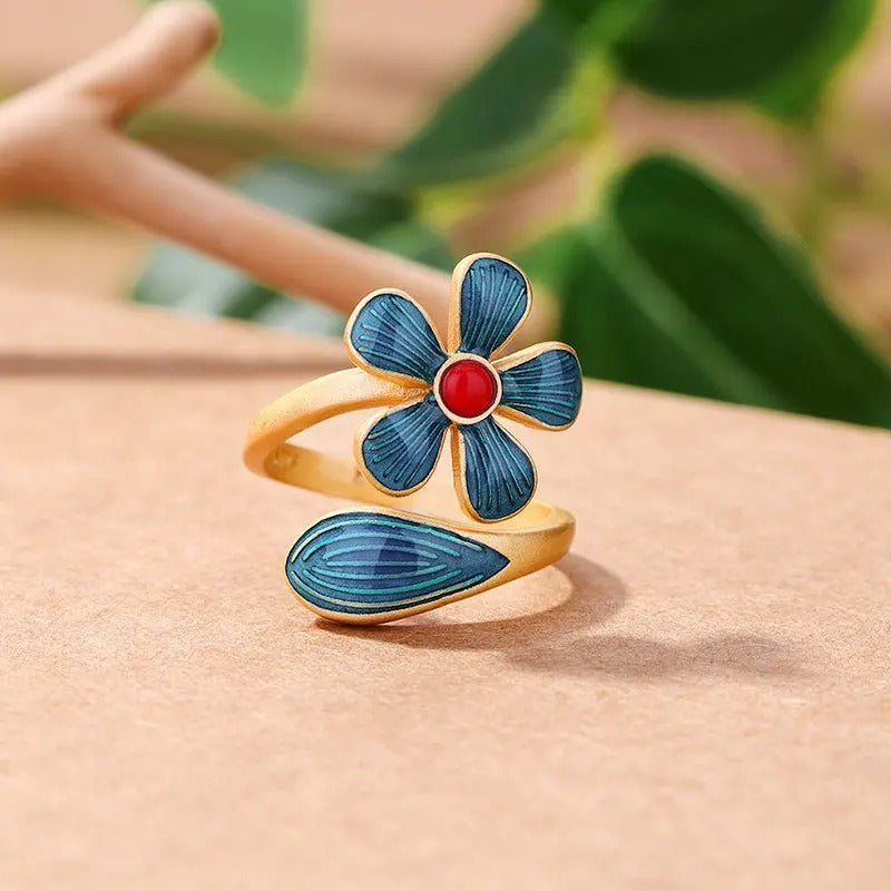 Retro Gold Blue Enamel Flower & Red Stone Adjustable Ring