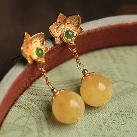 Vintage Gold Yellow Ball Gemstones & Green Floral Earrings
