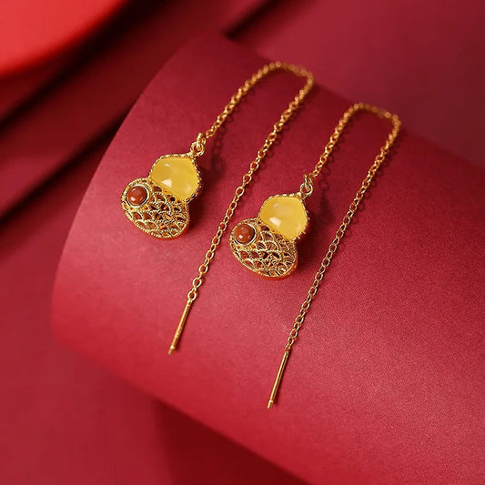 Vintage Gold & Yellow Teardrop Gourd Fringed Earrings