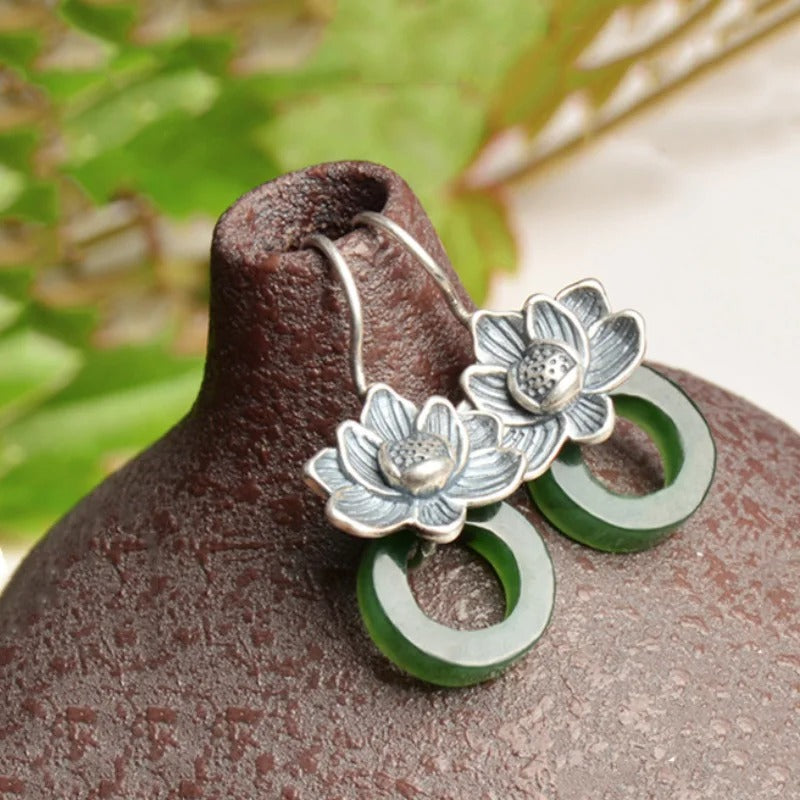 Classic Silver & Green Jade Flower Drop Earrings