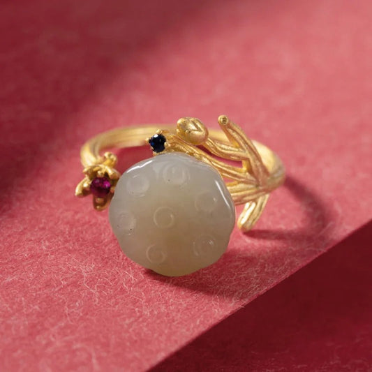 Vintage Gold Carved Green Stone & Floral Accent Adjustable Ring