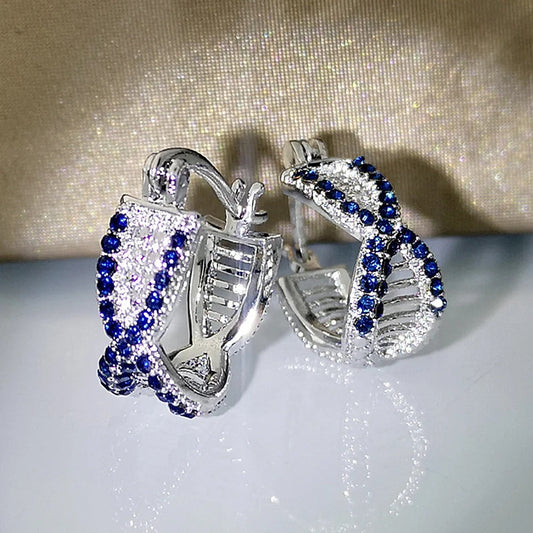 Silver Blue Crystal Hoop Earrings