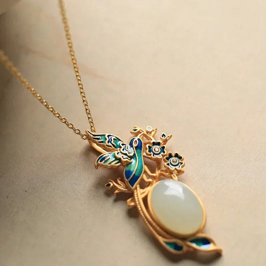 Classic Gold Bird & Flower Oval Gem Centerpiece Necklace