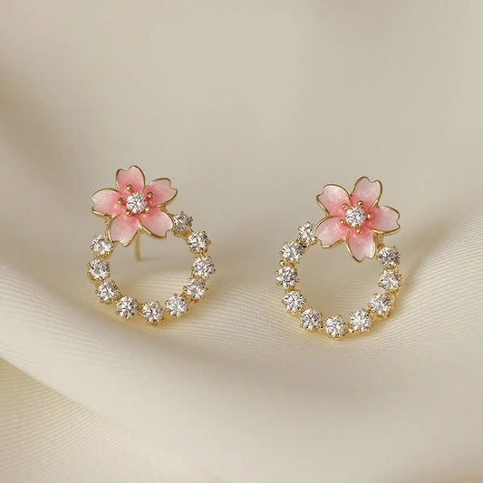 Gold Pink Flower Stud Earrings