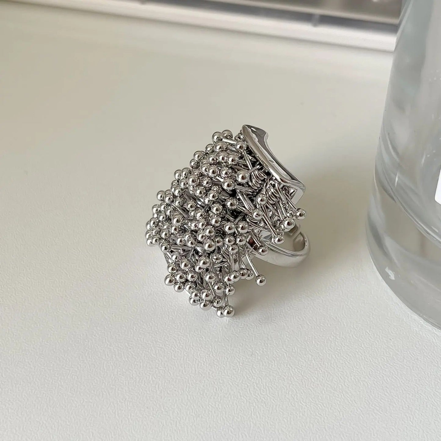 Silver Unique Cluster Ball-Studded Adjustable Ring