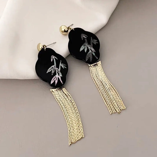 Vintage Black & Gold Tassel Bamboo Dangle Earrings