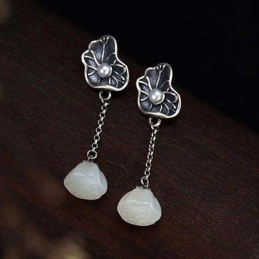 Classic Silver & White Jade Lotus Leaf Pearl Earrings