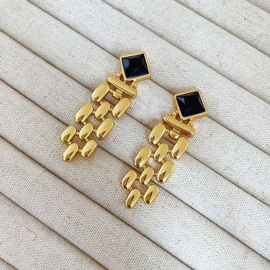 Vintage Gold Long Tassel Black Crystal Stud Earrings