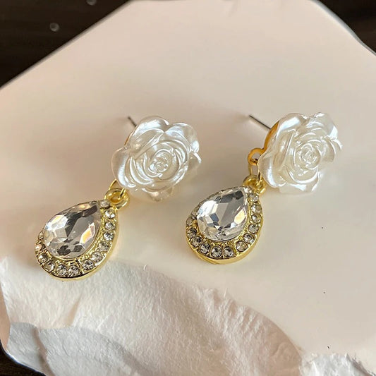 Vintage White Rose Teardrop Earrings