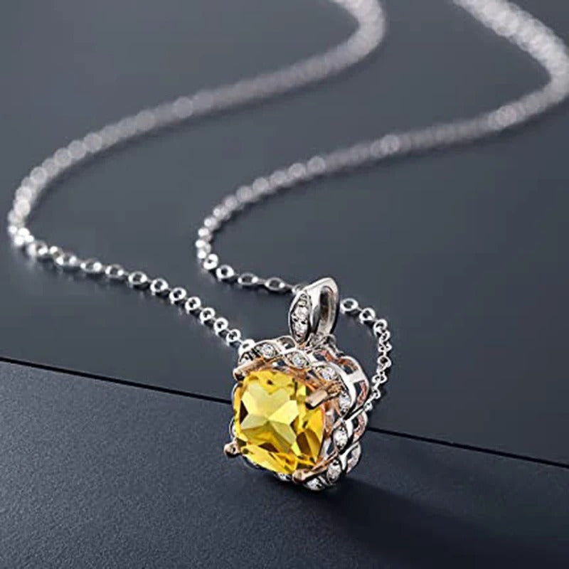 Vintage Silver Yellow Square Crystal Necklace