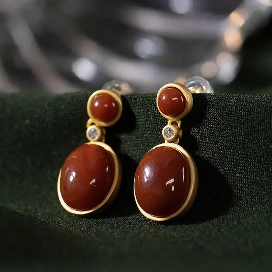 Classic Gold & Red Gemstone Dangle Earrings