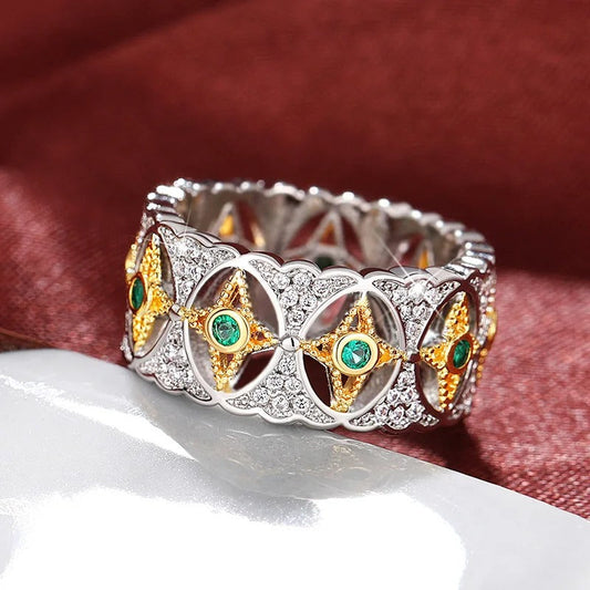 Silver Starburst Green Stone Vintage Ring