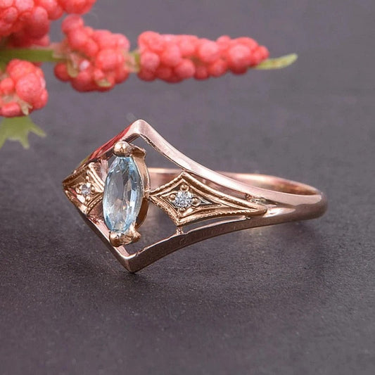 Vintage Rose Gold Blue Marquise Ring