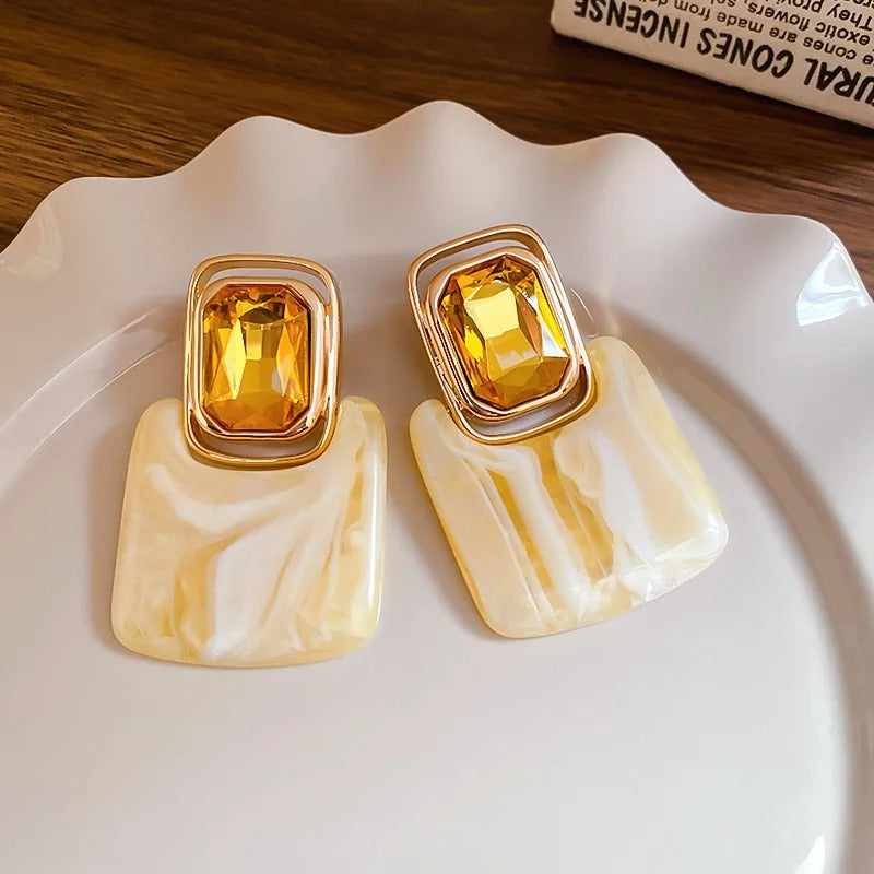 Timeless Gold Rectangular Yellow Gemstone & Marble Effect Earrings