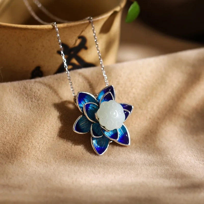 Vintage Blue Lotus Floral Pendant Necklace