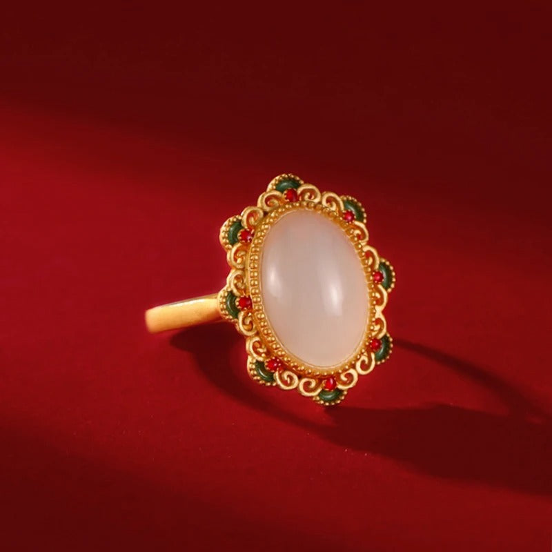 Classic Gold Oval White Gemstone & Floral Accent Adjustable Ring