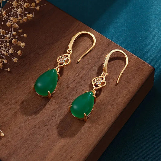 Classic Gold & Natural Green Chalcedony Earrings