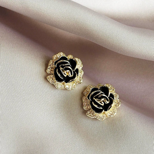 Vintage Gold & Black Rose Stud Earrings